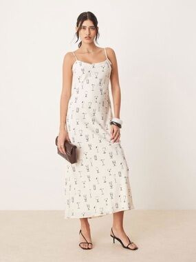 Abercrombie & Fitch Cream Slip Dress with Black Glass Print